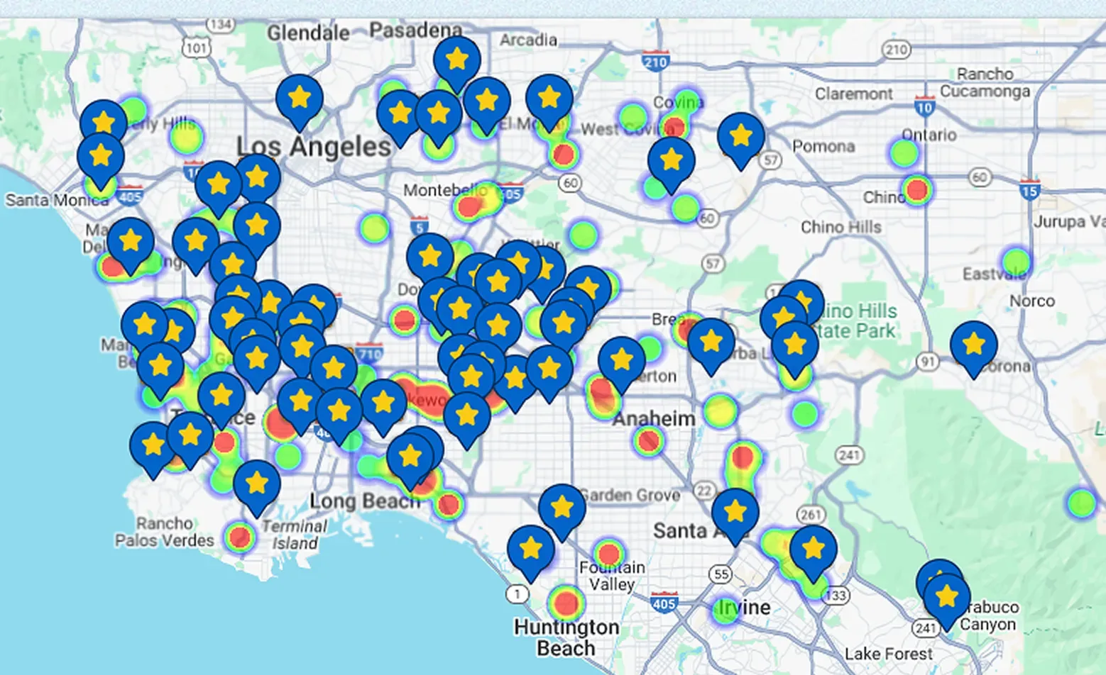 Map of Power Pro service coverage across Los Angeles and Orange County with completed job pins