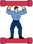 The Power Pro mascot lifting a red pipe