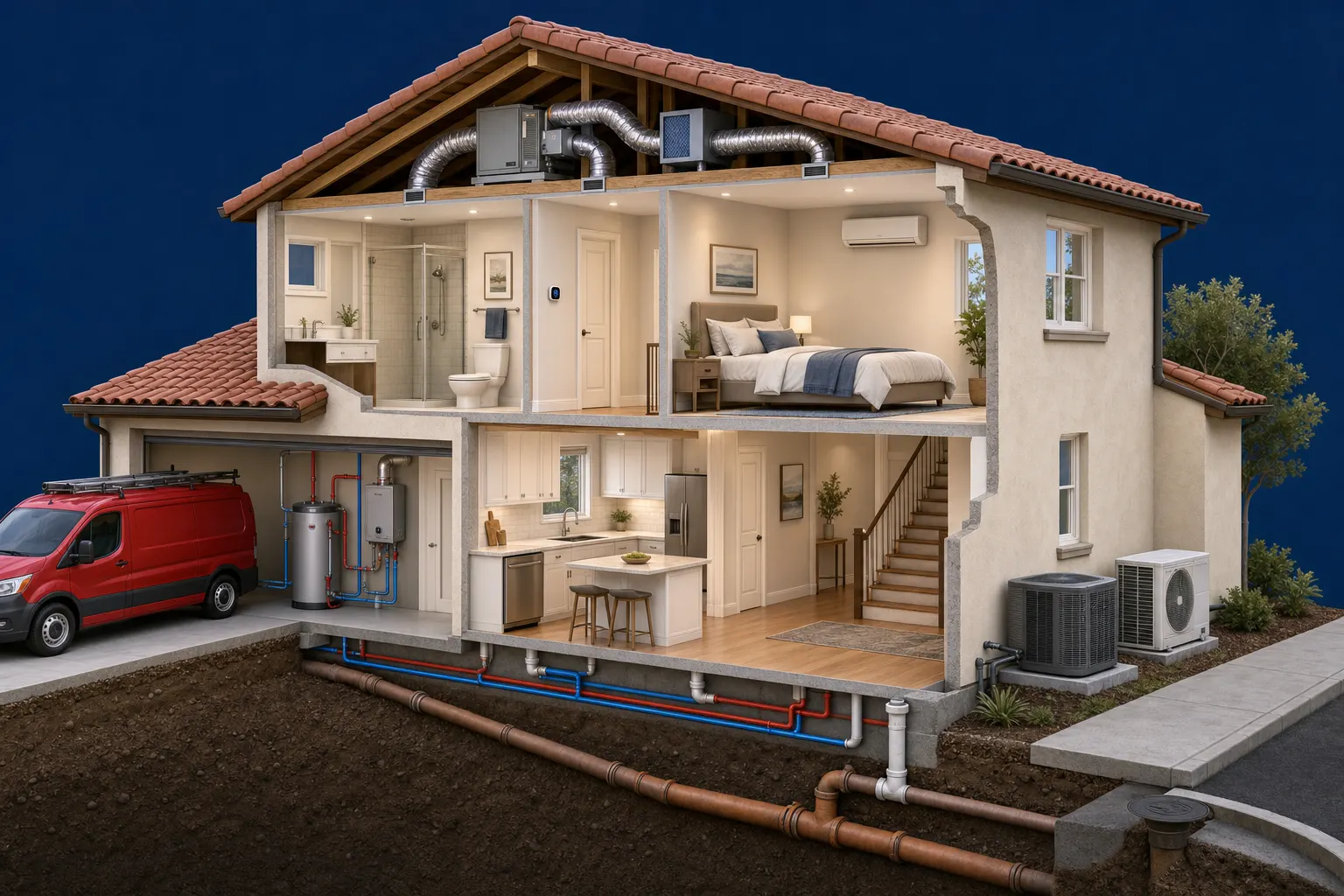 Cutaway illustration of a two-story Southern California home showing the plumbing, drain and sewer, water heater, heating, air conditioning, and indoor air quality systems Power Pro Plumbing Heating & Air services